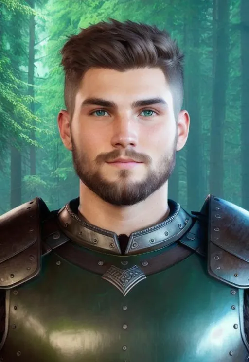 Prompt: Digital art, a 21-year-old viking man, subtle smile, round head, round face, short dark brown hair, brown hair, muscular, viking forest, green gear, silver armor, light green eyes, Tidal Class seal on chest armor, unreal engine 8k octane, 3d lighting.