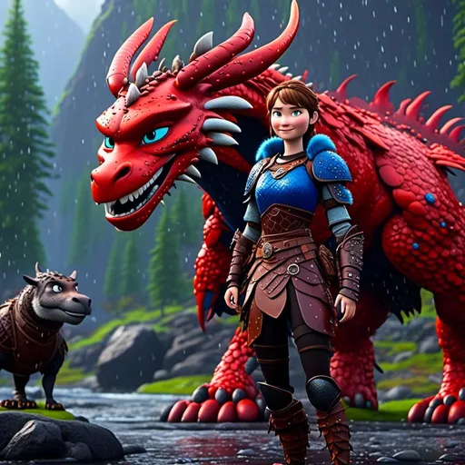 Prompt: <mymodel>CGi Animation, 20-year-old viking woman with blue eyes, a rainy scene, she is standing next to a bright red dragon with blue highlights, they are both in the rain, the viking woman has a subtle smile, brown hair with two pigtail braids, she has red gear, blue armor, black pants, black boots