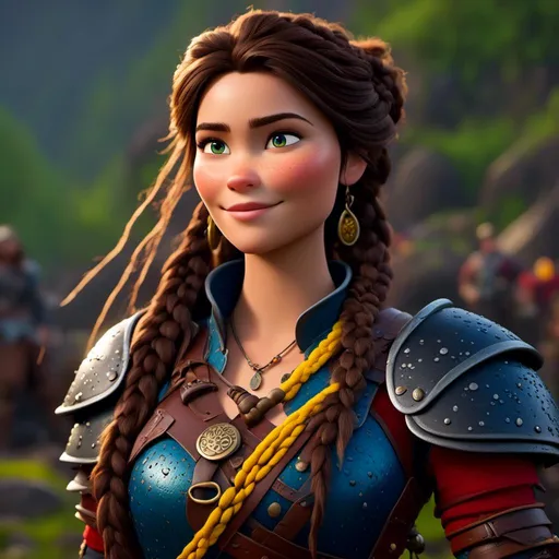 Prompt: <mymodel>CGI Animation, 20-year-old-old pirate woman, a rainy scene, {{yellow gear, blue armor}}, brunette hair, dreadlocks, subtle smile, beads hair, small red earrings, multiple braids, yellow gear, straight hair, green eyes, bracelets, rings on fingers, mercenary gear, unreal engine 8k octane, 3d lighting, full body, full armor