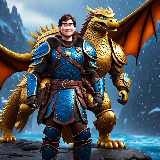 Prompt: <mymodel>CGi Animation, 20-year-old viking man with blue eyes, a rainy scene, he is standing next to a bright blue dragon with gold highlights, they are both in the rain, the viking man has a subtle smile, black hair, he has blue gear, gold armor, black pants, black boots