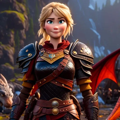 Prompt: <mymodel>CGi Animation, 20-year-old viking woman with blue eyes, a rainy scene, the viking woman has a subtle smile, blonde hair, she has blue gear, gold armor, black pants, black boots, she is standing next to a bright blue dragon with gold highlights, unreal engine 8k octane, 3d lighting, full body, full armor