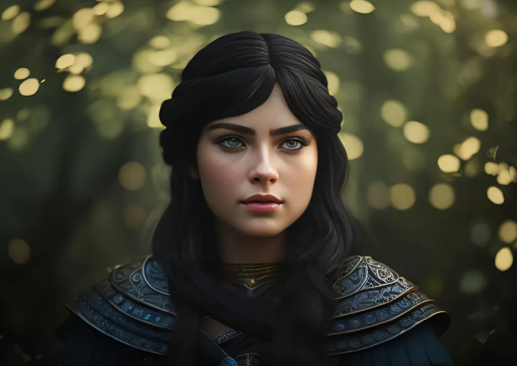 Prompt: she has black hair, create most beautiful fictional female viking princess warrior, black hair, light blue eyes, extremely detailed environment, detailed background, intricate, detailed skin, professionally color graded, photorealism, 8k, moody lighting