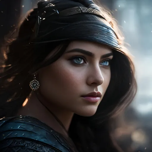 Prompt: she has black hair draped over shoulder, create most beautiful fictional female viking princess warrior, black hair, light blue eyes, extremely detailed environment, detailed background, intricate, detailed skin, professionally color graded, photorealism, 8k, moody lighting