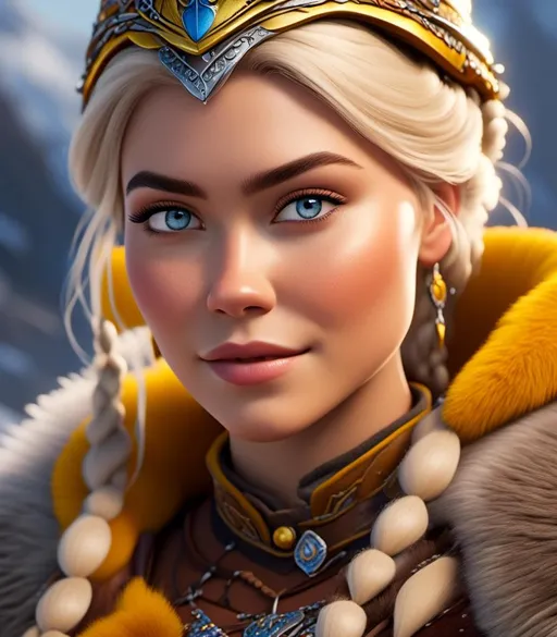 Prompt: <mymodel>CGI Animation, digital art, 20-year-old-old viking woman with light blue eyes, yellow clothes, gold colored armor, white hair, double braids down her shoulders with a tiara, subtle smile, unreal engine 8k octane, 3d lighting, close up camera shot on the face, full armor