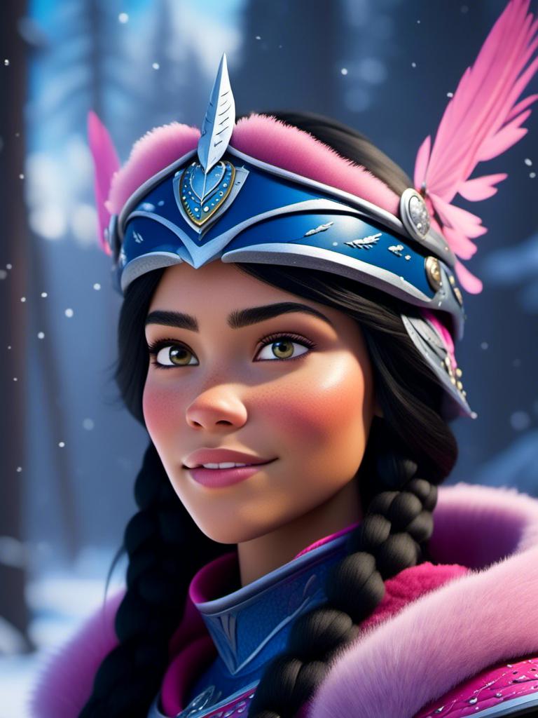 Prompt: <mymodel>CGI Animation, close-up portrait of the face, 20-year-old-old viking woman of royalty standing in the forest, a snowy scene, {{pink gear, blue armor}}, black hair, straight hair with a tiara, subtle smile, unreal engine 8k octane, 3d lighting, close up camera shot on the face, full armor