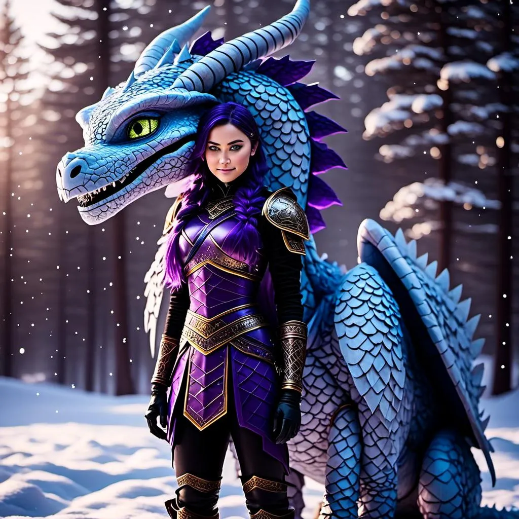 Prompt: Photo of <mymodel> standing next to her ((black)) razorwhip dragon from How to Train Your Dragon in the snow