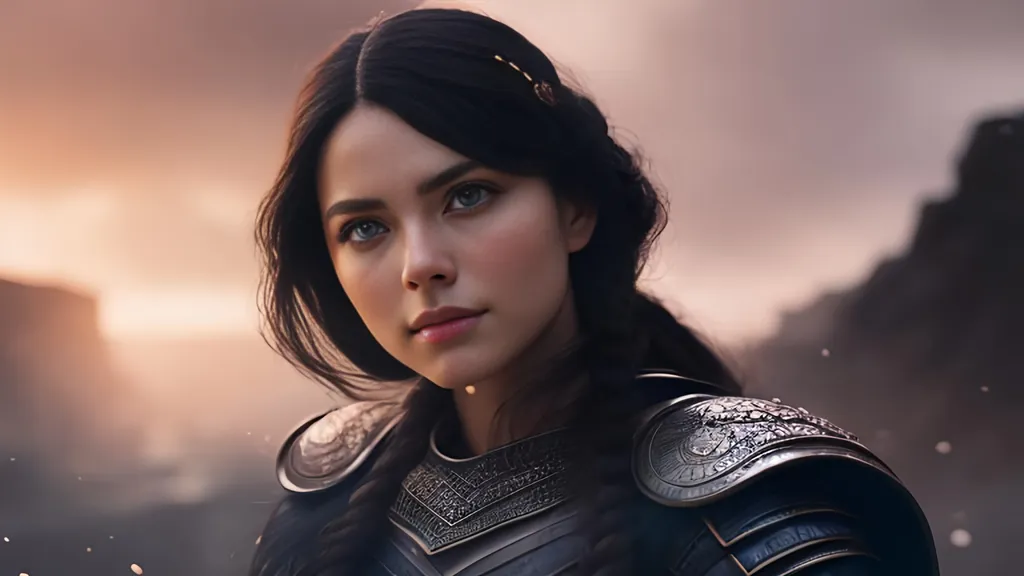 Prompt: she has black hair, create most beautiful fictional female viking warrior, subtle hopeful smile, black hair, light blue eyes, extremely detailed environment, detailed background, intricate, detailed skin, professionally color graded, photorealism, 8k, moody lighting