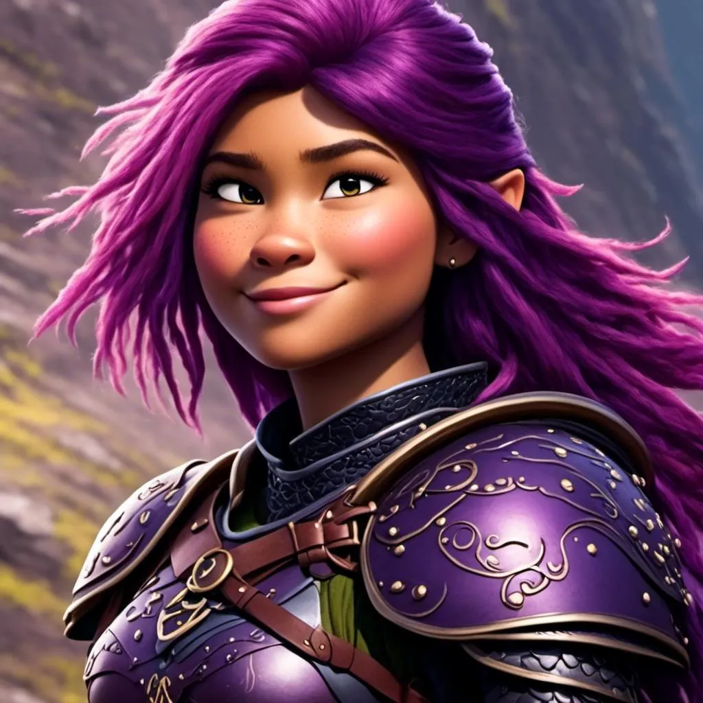 Prompt: a photo of <mymodel>, a caucasian viking female with purple hair and purple gear and armor