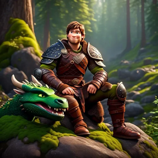 Prompt: <mymodel>Male viking warrior, thin and light muscle build, sitting on a boulder in the forest, there is a green dragon next to him, short brown hair, green eyes, green armor, brown gear, brown pants, brown boots, historical, strong and natural lighting