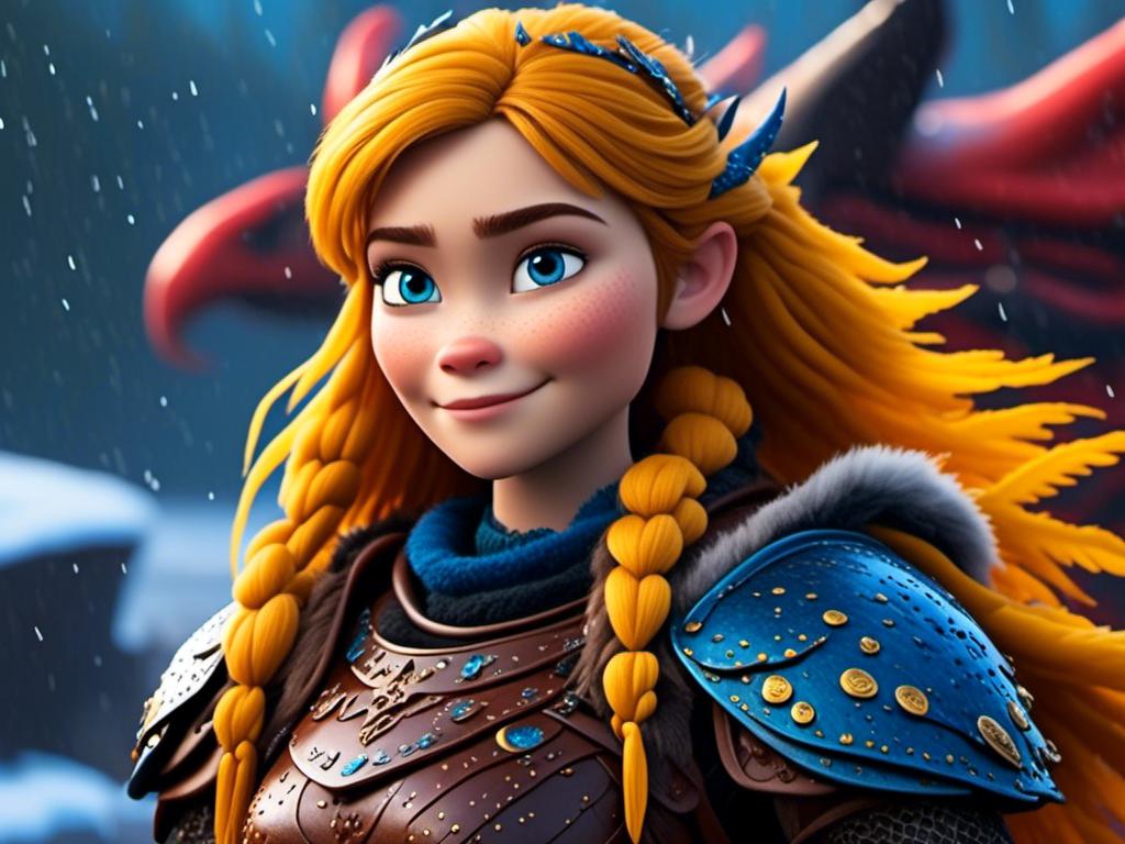 Prompt: <mymodel>CGi Animation, 20-year-old viking woman with blue eyes, a rainy scene, she is standing next to a bright blue dragon with gold highlights, they are both in the rain, the viking woman has a subtle smile, blonde hair in a ponytail style, she has blue gear, gold armor, black pants, black boots