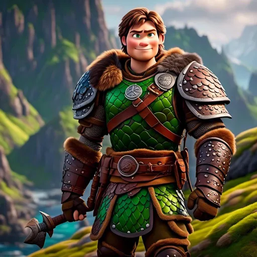 Prompt: <mymodel>Male viking warrior, standing on a cliff next to his green ((dragon)), short brown hair, green eyes, green armor, brown gear, brown pants, brown boots, historical, strong and natural lighting