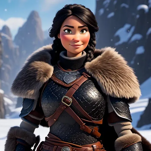 Prompt: <mymodel>CGi Animation, 25-year-old viking woman warrior with brown eyes, a snowy scene, the viking woman has a subtle smile, black hair, she has black gear, black armor, black textures, black pants, black boots