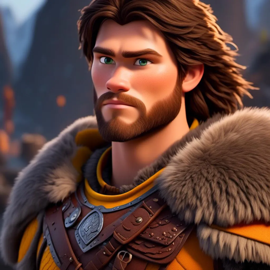 Prompt: <mymodel>Animated CGI style of a fierce 24-year-old Caucasian Viking with dark hair, light body build, intense gaze, realistic (yellow light armor) with highlights of orange textures, high quality, CGI, realistic, intense gaze, viking, male, Caucasian, detailed facial features, highres, professional, intense lighting