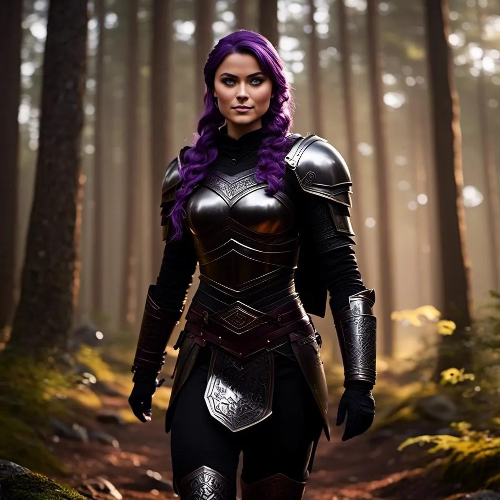 Prompt: <mymodel>25-year-old viking woman, subtle smile, light blue eyes, black gear, bright black armor, wearing an iron-man like suit of armor, black textures and highlights, fighting in the forest in an intense sword battle with Einar Verodfellar, short focus, blurry background, unreal engine 8k octane, 3d lighting, full body, full armor