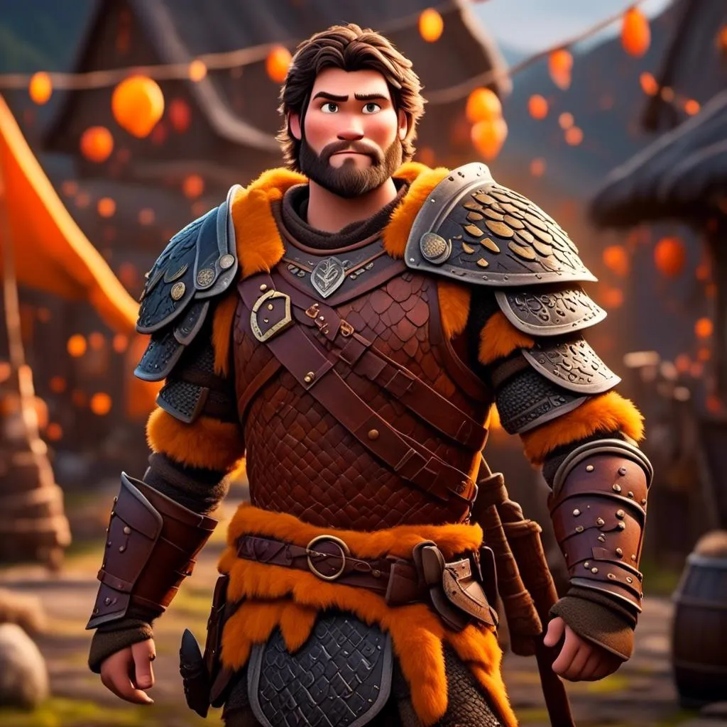 Prompt: <mymodel>CGI Animation of a viking male, light and small body build, young looks, black short wavy hair, brown eyes, bright orange simple gear, yellow highlights and textures, full body picture, standing in a viking village, intricate details, high quality, digital painting, bright energetic tones, dramatic lighting