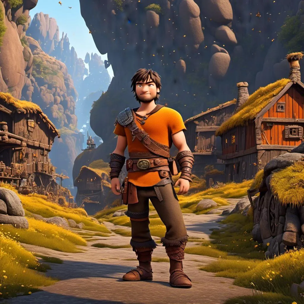 Prompt: <mymodel>CGI Animation of a viking male, light and small body build, young looks, black short spiky hair, brown eyes, bright orange simple gear, yellow highlights and textures, full body picture, standing in a viking village, intricate details, high quality, digital painting, bright energetic tones, dramatic lighting