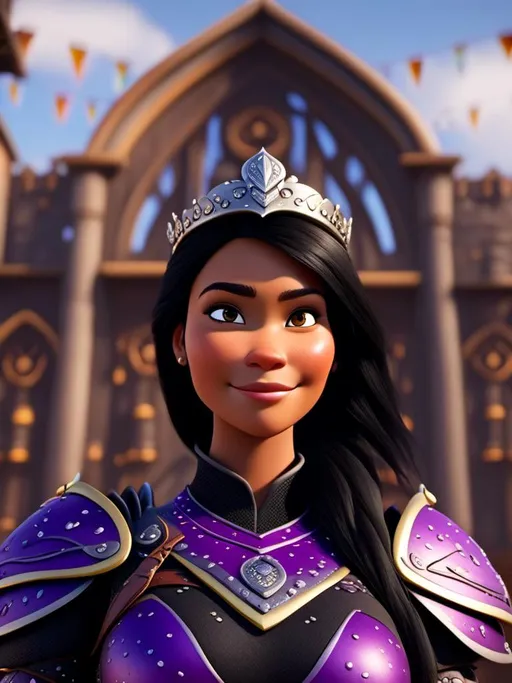 Prompt: <mymodel>CGI Animation, digital art, 20-year-old-old viking woman of royalty standing in The Great Hall on the Isle of Berk, {{purple gear, black armor}}, black hair, straight hair with a tiara, subtle smile, unreal engine 8k octane, 3d lighting, close up camera shot on the face, full armor