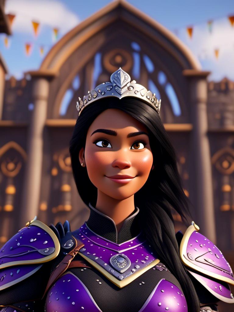 Prompt: <mymodel>CGI Animation, digital art, 20-year-old-old viking woman of royalty standing in The Great Hall on the Isle of Berk, {{purple gear, black armor}}, black hair, straight hair with a tiara, subtle smile, unreal engine 8k octane, 3d lighting, close up camera shot on the face, full armor