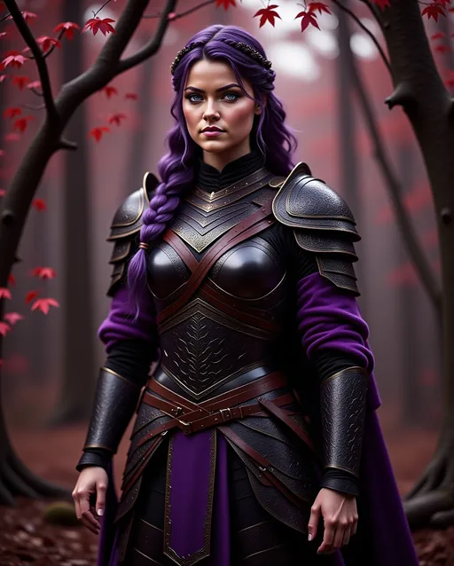 Prompt: <mymodel>25-year-old viking woman, standing in the dimly lit forest with many detailed red leaves on the tree branches in foreground and background, messy and dirty hair, single braid of hair down her shoulder, she has a mad expression, light blue eyes, dirty armor, purple gear, bright black armor, black textures and highlights, with glowing lights, short focus, blurry background, unreal engine 8k octane, 3d lighting, full body, full armor