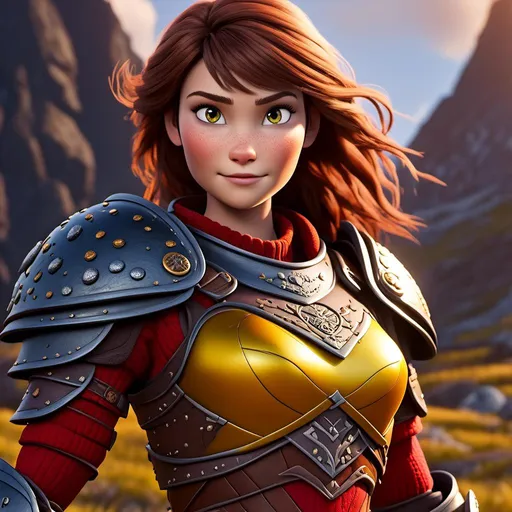 Prompt: <mymodel>CGI Animation of a viking female, brown hair, hazel eyes, bright red gear and armor, yellow highlights and textures, intricate details, high quality, digital painting, cool tones, dramatic lighting