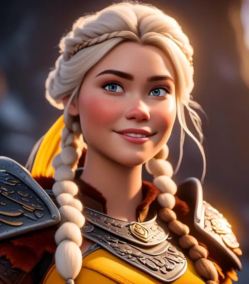 Prompt: <mymodel>CGI Animation, digital art, 20-year-old-old viking woman with light blue eyes, yellow clothes, gold colored armor, white hair, double braids down her shoulders with a tiara, subtle smile, unreal engine 8k octane, 3d lighting, close up camera shot on the face, full armor