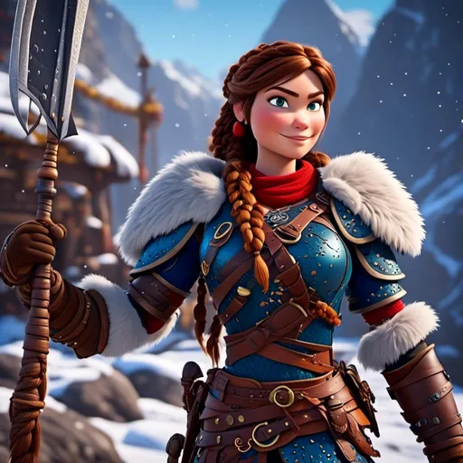 Prompt: <mymodel>CGI Animation, 20-year-old-old pirate woman, a snowy scene, {{brown gear, silver armor}}, brunette hair, dreadlocks, subtle smile, beads hair, small red earrings, multiple braids, straight hair, blue eyes, bracelets, rings on fingers, mercenary gear, unreal engine 8k octane, 3d lighting, full body, full armor