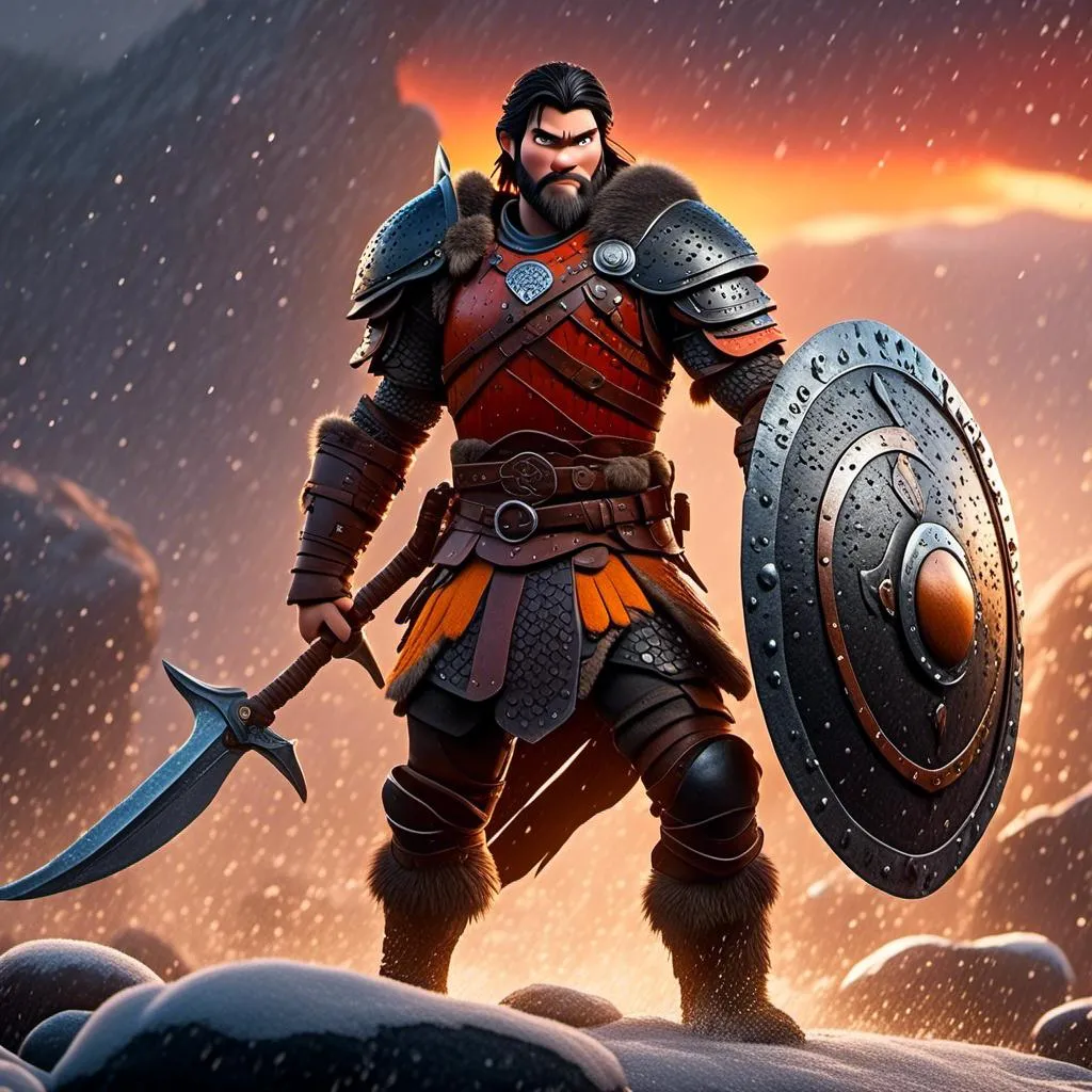 Prompt: <mymodel>Animated CGI style of a fierce Viking male about 25 years old, black hair, detailed facial features, leather armor {{((red))}} and orange armor, battle axe and shield, standing in the rain, intense and determined expression, dynamic and powerful pose, CGI, fierce male, Nordic designs, battle-ready, dynamic pose, professional lighting