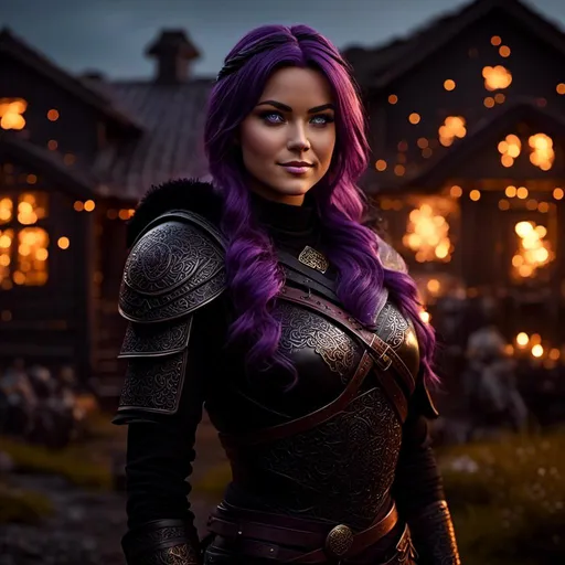 Prompt: <mymodel>25-year-old viking woman, a subtle smile, light blue eyes, black gear, bright black armor, black textures and highlights, standing in a dimly lit viking house, with glowing algae, short focus, blurry background, unreal engine 8k octane, 3d lighting, full body, full armor