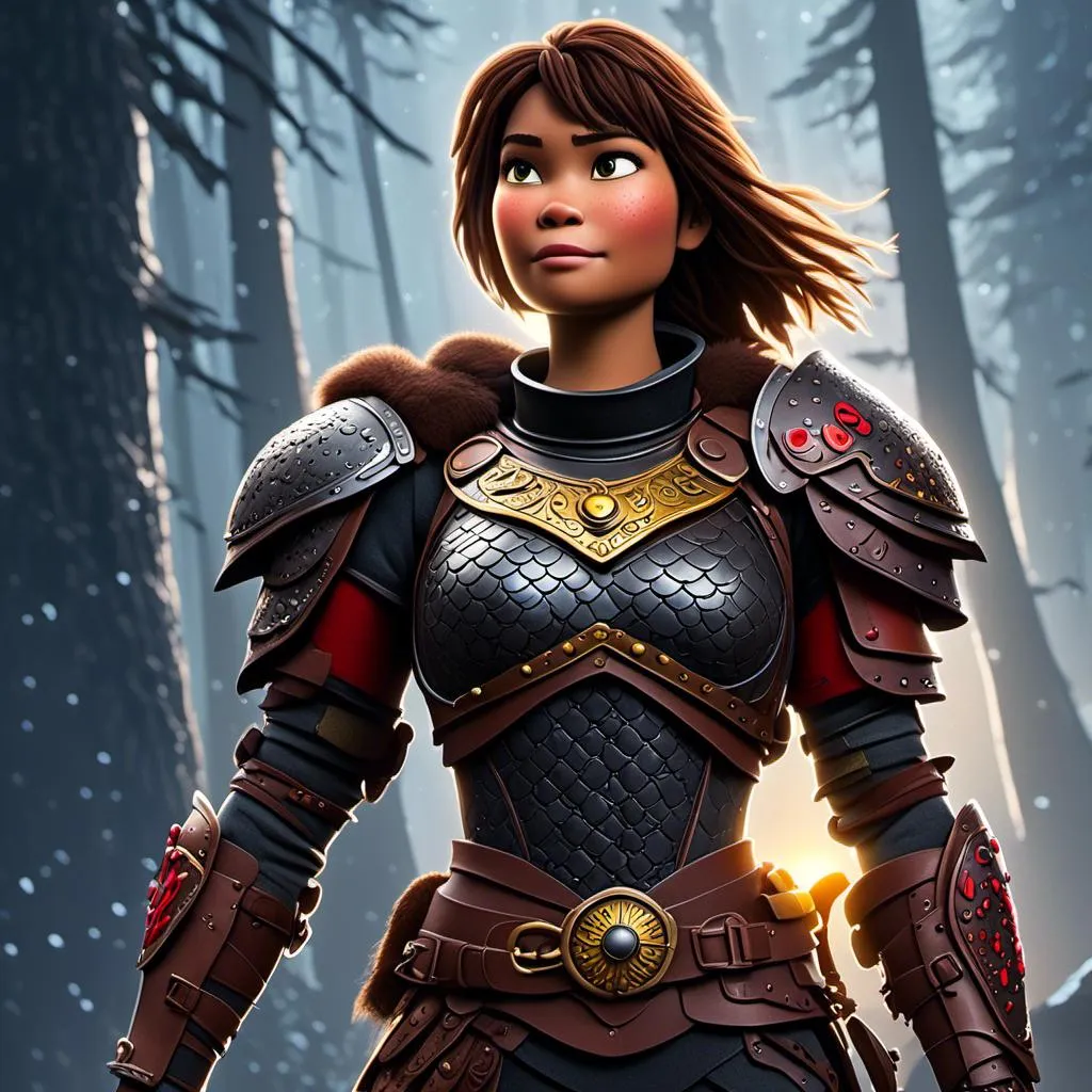 Prompt: <mymodel>CGI Animation of a viking female, brown hair in her face, hazel eyes, bright red gear and light armor, yellow highlights and textures, full light body armor, she has heavy gauntlets on her hands with armored gloves, standing in a dense forest, intricate details, high quality, digital painting, cool tones, dramatic lighting