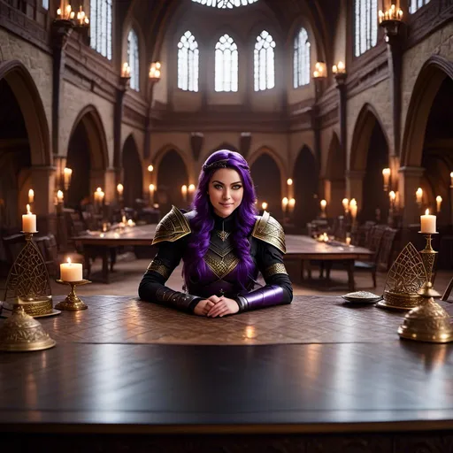 Prompt: Photo of <mymodel> sitting at a table in The Great Hall
