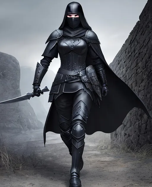 Prompt: Digital Art, a sinister viking woman, black armor, a long black cloak down to the feet, armored mask, black gear, a black helmet fully covering her face, with a black ponytail coming from the helmet, black bracers, black pants, black boots, unreal engine 16k octane, 3d lightning