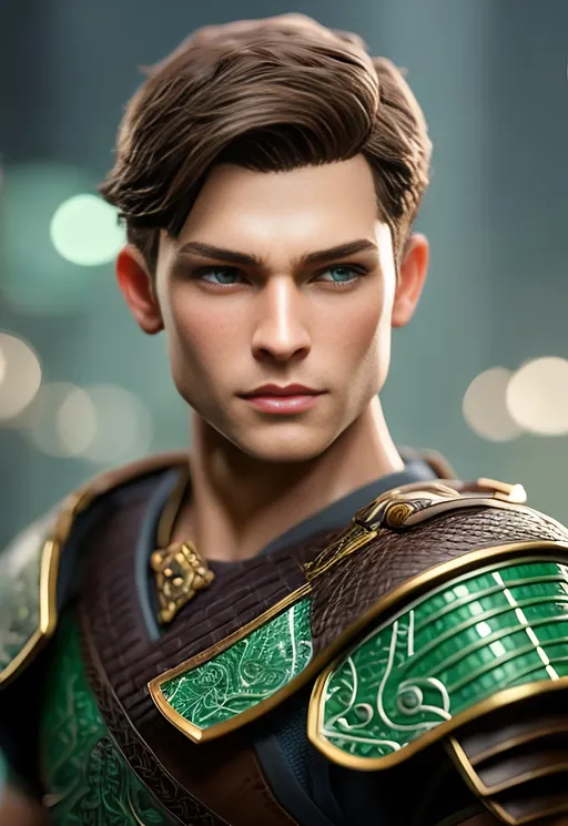 Prompt: he has short brown hair, create most handsome fit fictional male prince viking warrior, short brown hair, light green eyes, extremely detailed environment, detailed background, intricate, detailed skin, professionally color graded, photorealism, 16k, moody lighting