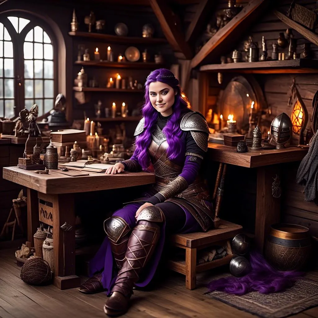 Prompt: Photo of <mymodel> with no armor casually relaxing sitting at a desk in her viking house