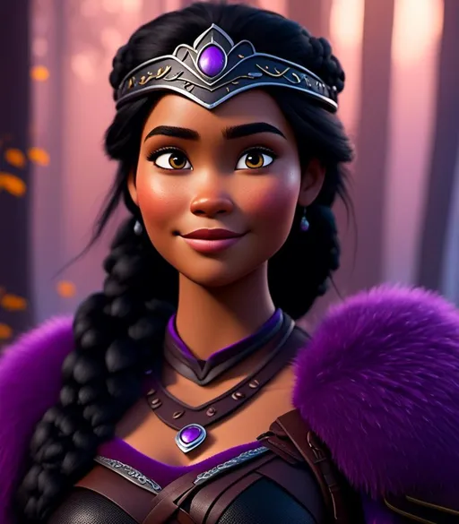 Prompt: <mymodel>CGI Animation, digital art, 20-year-old-old viking woman of royalty standing in a dimly lit forest with fog, light blue eyes, {{black gear, purple armor}}, black hair, single braid down her shoulder with a tiara, subtle smile, unreal engine 8k octane, 3d lighting, close up camera shot on the face, full armor