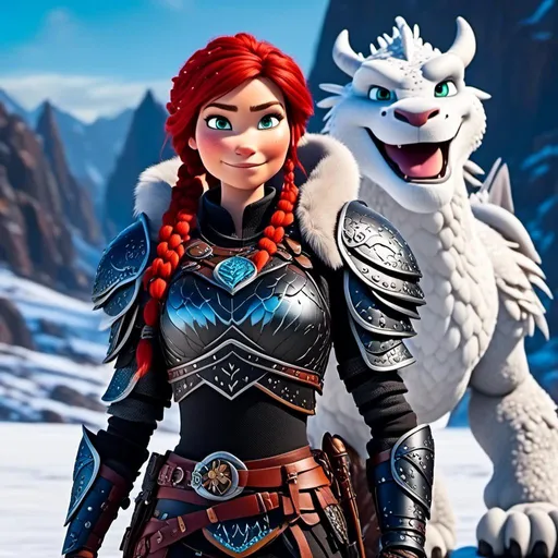 Prompt: <mymodel>CGI animation, 40-year-old woman, white dragon with light blue highlights, red hair, dreadlocks, braids, light blue eyes, black gear, black armor, standing on a snowy plain with her white dragon