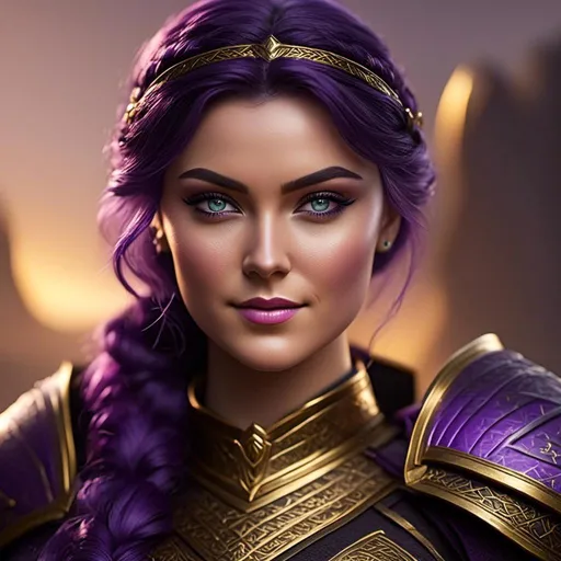 Prompt: create <mymodel> with vibrant colors, subtle smile, 23-year-old woman viking, dark purple hair, one braid, black pants, light blue eyes, cut over left eye to on cheekbone, black gear, gold armor, unreal engine 8k octane, 3d lighting, full body, full armor