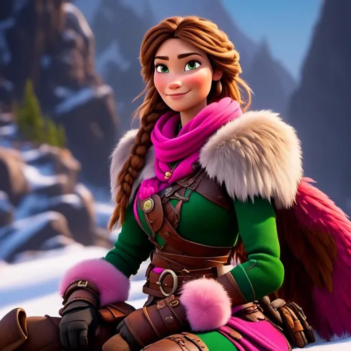 Prompt: <mymodel>CGI Animation, 20-year-old-old pirate woman, sitting on a snow bank, a snowy scene, {{pink gear, yellow armor}}, brunette hair, dreadlocks, subtle smile, beads hair, small pink earrings, multiple braids, pink gear, straight hair, green eyes, bracelets, rings on fingers, mercenary gear, unreal engine 8k octane, 3d lighting, full armor