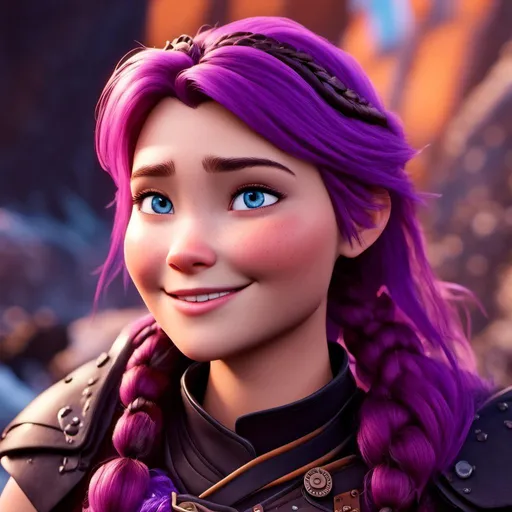 Prompt: <mymodel>CGi Animation, 20-year-old viking woman with one hair braid, caucasian, subtle smile, purple hair, light blue eyes, {{black gear, purple armor}}, white textures and highlights, unreal engine 8k octane, 3d lighting, full body, full armor