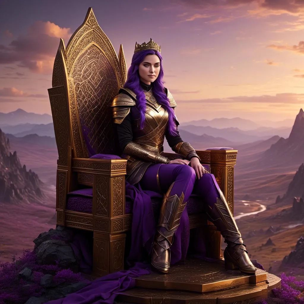 Prompt: A photo of <mymodel> sitting on her throne of her land