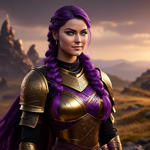 Prompt: create <mymodel> viking, vibrant colors, subtle smile, 23-year-old woman viking, dark purple hair, one braid, black pants, light blue eyes, cut over left eye to on cheekbone, black gear, gold armor, unreal engine 8k octane, 3d lighting, full body, full armor