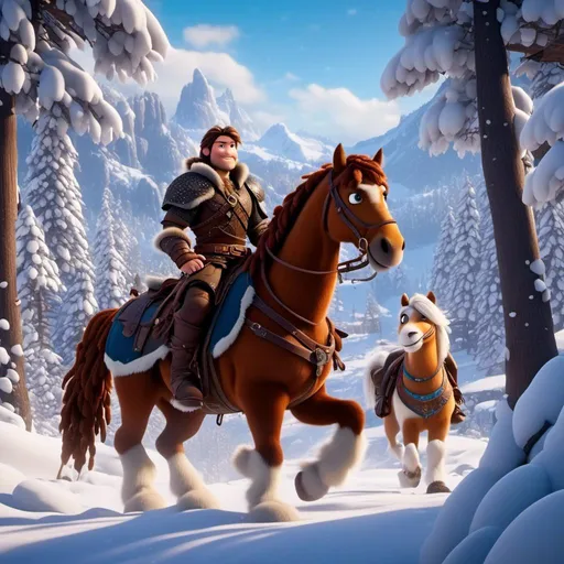 Prompt: <mymodel>CGI Animation, 20-year-old pirate man, rides a palomino horse through the snowy, a snowy scene, {{brown gear, silver armor}}, brunette hair, dreadlocks, subtle smile, beads hair, multiple braids, straight hair, blue eyes, bracelets, rings on fingers, mercenary gear, unreal engine 8k octane, 3d lighting, full body, full armor