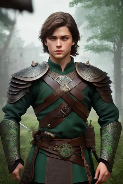 Prompt: he has short brown hair, create most handsome fictional male viking warrior, short brown hair, light green eyes, extremely detailed environment, detailed background, intricate, detailed skin, professionally color graded, photorealism, 16k, moody lighting