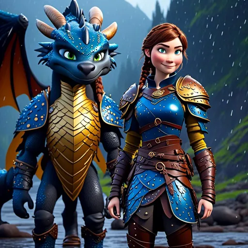 Prompt: <mymodel>CGi Animation, 20-year-old viking woman with blue eyes, a rainy scene, she is standing next to a bright blue dragon with gold highlights, they are both in the rain, the viking woman has a subtle smile, brown hair with two pigtail braids, she has blue gear, gold armor, black pants, black boots