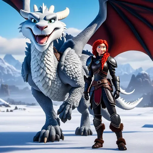 Prompt: <mymodel>CGI animation, 40-year-old woman, white dragon with light blue highlights, red hair, dreadlocks, braids, light blue eyes, black gear, black armor, standing on a snowy plain with her white dragon
