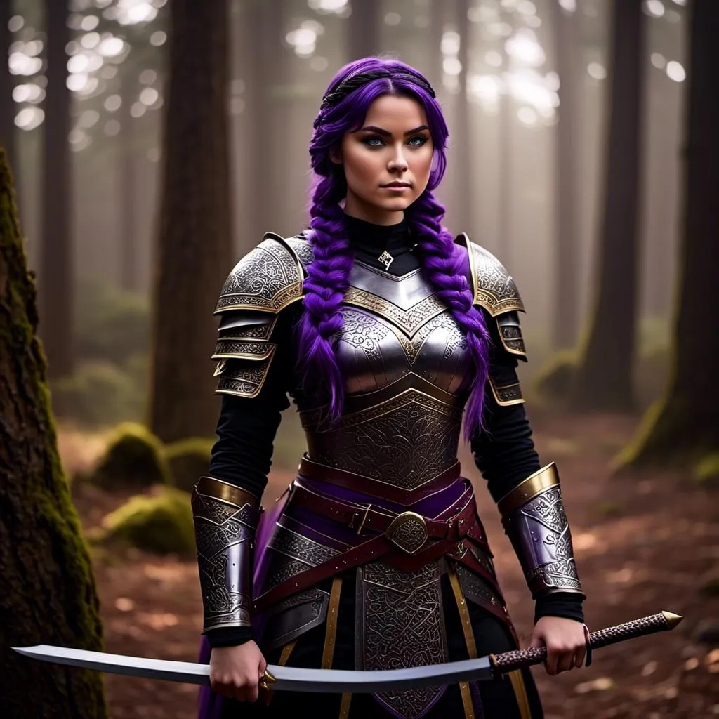 Prompt: Photo of <mymodel> with an intense look with her sword, she is standing in the forest