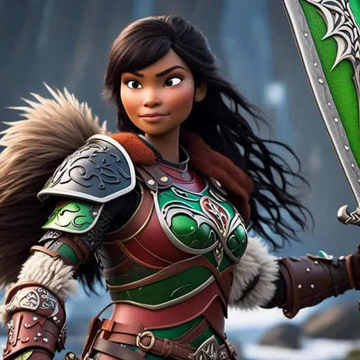 Prompt: <mymodel>Animated CGI style of a fierce Caucasian white Viking female about 25 years old, black hair, detailed facial features, leather armor {{((red))}} and green armor, battle axe and shield, intense and determined expression, dynamic and powerful pose, high definition, CGI, detailed armor, fierce female, Nordic designs, battle-ready, dynamic pose, professional lighting