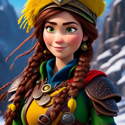 Prompt: <mymodel>CGI Animation, close-up camera shot on the face, 20-year-old-old pirate woman, a snowy scene, {{yellow gear, blue armor}}, brunette hair, dreadlocks, subtle smile, beads hair, small red earrings, multiple braids, yellow gear, straight hair, green eyes, bracelets, rings on fingers, mercenary gear, unreal engine 8k octane, 3d lighting, close up camera shot on the face, full armor