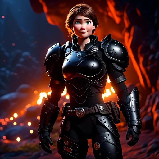 Prompt: <mymodel>25-year-old viking woman, subtle smile, light blue eyes, black gear, bright black armor, wearing an iron-man like suit of armor, black textures and highlights, standing in the shadows of the a dark cave at night, short focus, blurry background, moonlit scene, unreal engine 8k octane, 3d lighting, full body, full armor