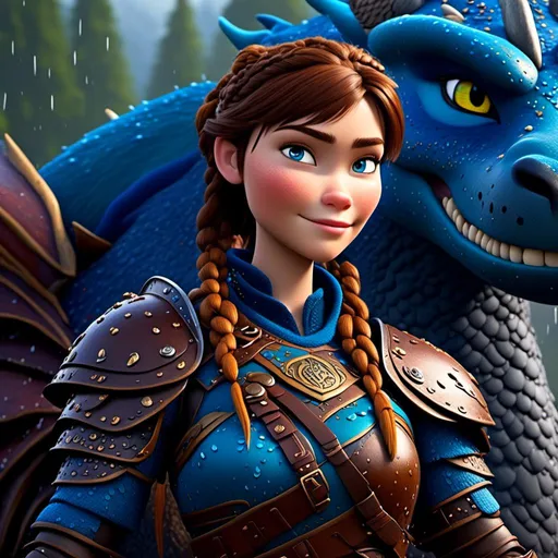 Prompt: <mymodel>CGi Animation, 20-year-old viking woman with blue eyes, a rainy scene, she is standing next to a bright blue dragon with gold highlights, they are both in the rain, the viking woman has a subtle smile, brown hair with two pigtail braids, she has blue gear, gold armor, black pants, black boots