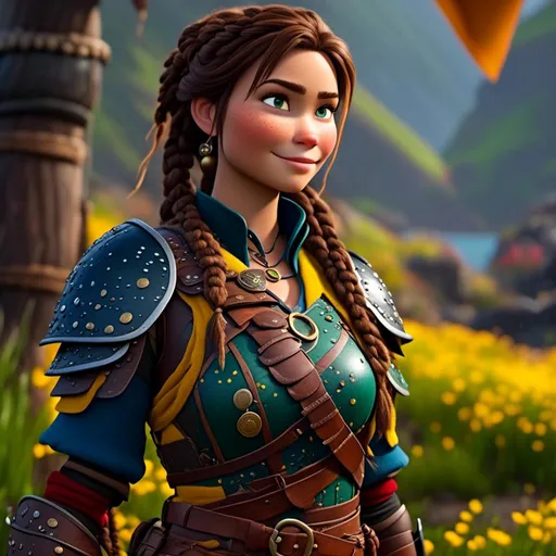 Prompt: <mymodel>CGI Animation, 20-year-old-old pirate woman, a rainy scene, {{yellow gear, blue armor}}, brunette hair, dreadlocks, subtle smile, beads hair, small red earrings, multiple braids, yellow gear, straight hair, green eyes, bracelets, rings on fingers, mercenary gear, unreal engine 8k octane, 3d lighting, full body, full armor